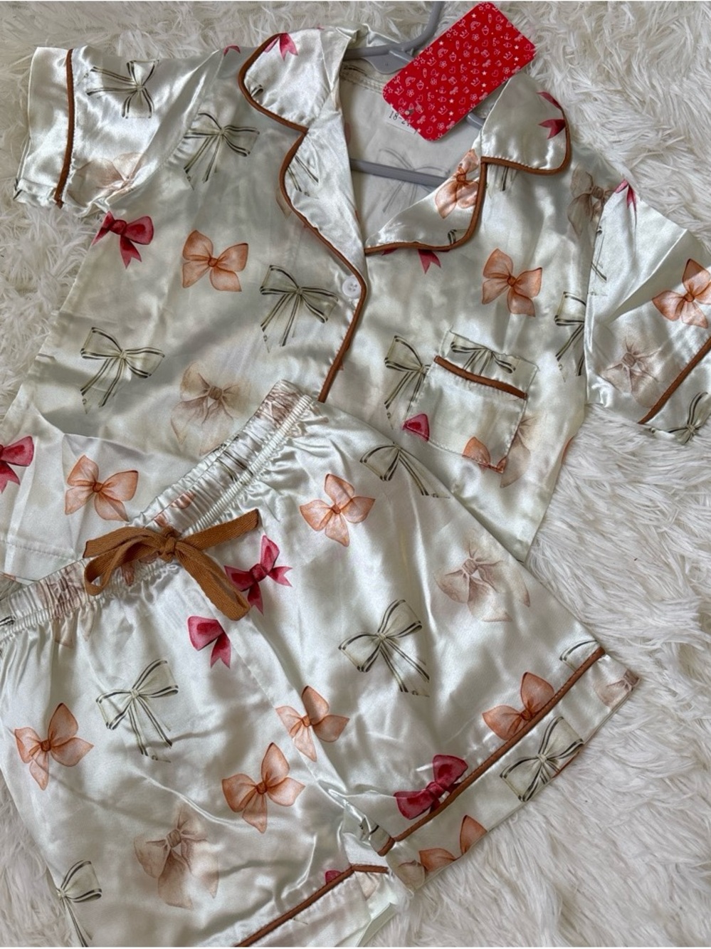 Kids Satin Bow-Print Pajama Set in Cream with Brown Trim